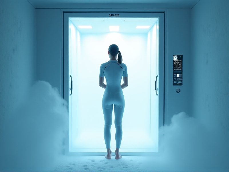 A state-of-the-art whole-body cryotherapy chamber with a futuristic design, featuring a glass door and a digital control panel. The interior is filled with a dense, white mist, creating a dramatic and icy environment. A person stands inside, enveloped by the cold vapor.