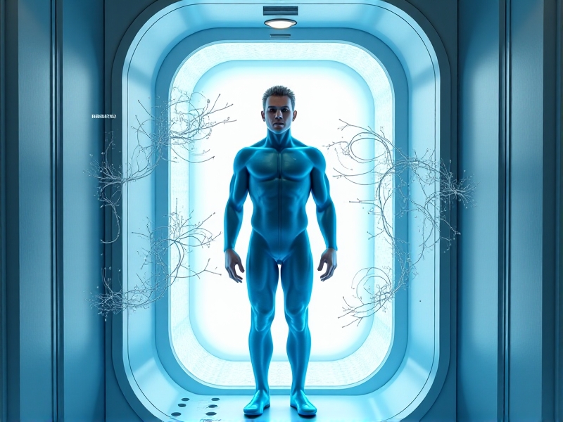 A scientific diagram illustrating the physiological effects of cryotherapy on the human body. The image shows a person standing in a cryotherapy chamber, with arrows indicating the flow of cold air around the body. The background features a gradient of blue and white tones to represent the cold environment, with detailed annotations explaining the mechanisms of vasoconstriction, reduced metabolic activity, and endorphin release.