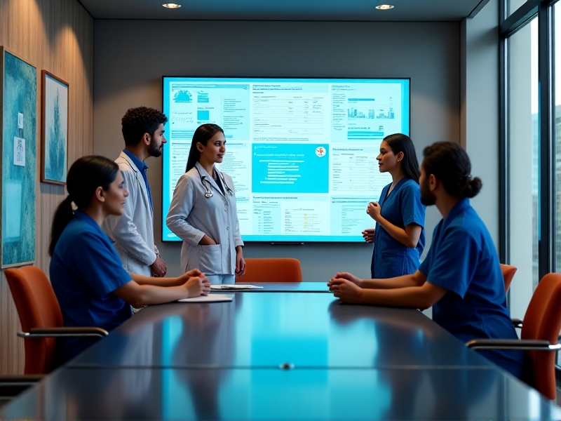 A diverse team of healthcare professionals working together in a modern office, reviewing documents and discussing strategies for prior authorization management. The image emphasizes teamwork, professionalism, and a focus on continuous improvement.