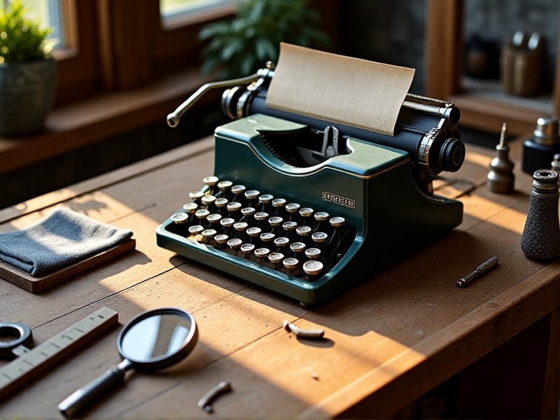 An organized workspace with various tools laid out, including precision screwdrivers, a ruler, a soft cloth, and a magnifying glass. The setting is a wooden workbench with natural lighting, creating a focused and professional atmosphere. The tools are neatly arranged, highlighting the meticulous preparation needed for typewriter maintenance.
