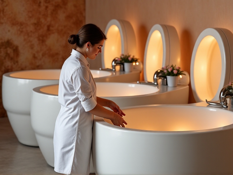 A professional and friendly staff member assisting a customer at a float tank wellness center. The image shows a well-trained employee in a clean, white uniform, guiding a client through the process of entering the float tank. The background features a calm and organized wellness center environment.