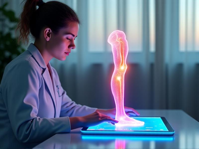 A patient using an AR tablet to view a 3D model of their recovery progress. The AR interface shows a detailed, animated representation of the healing process, with colorful indicators highlighting areas of improvement.